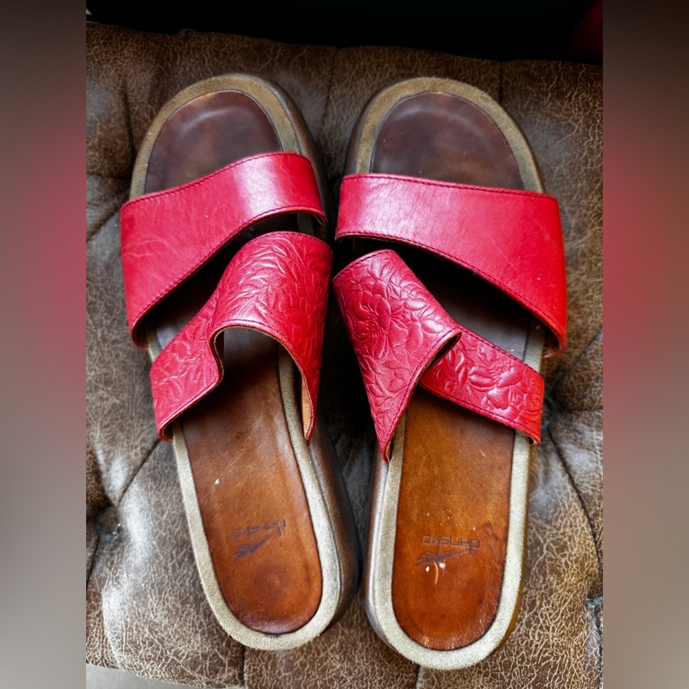 Dansko Lydia Red Leather Platform Sandals with Embossed Floral Design